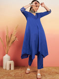 InWeave Women's Ink Blue V Neck Gota Sleeve A Line Kurta Set