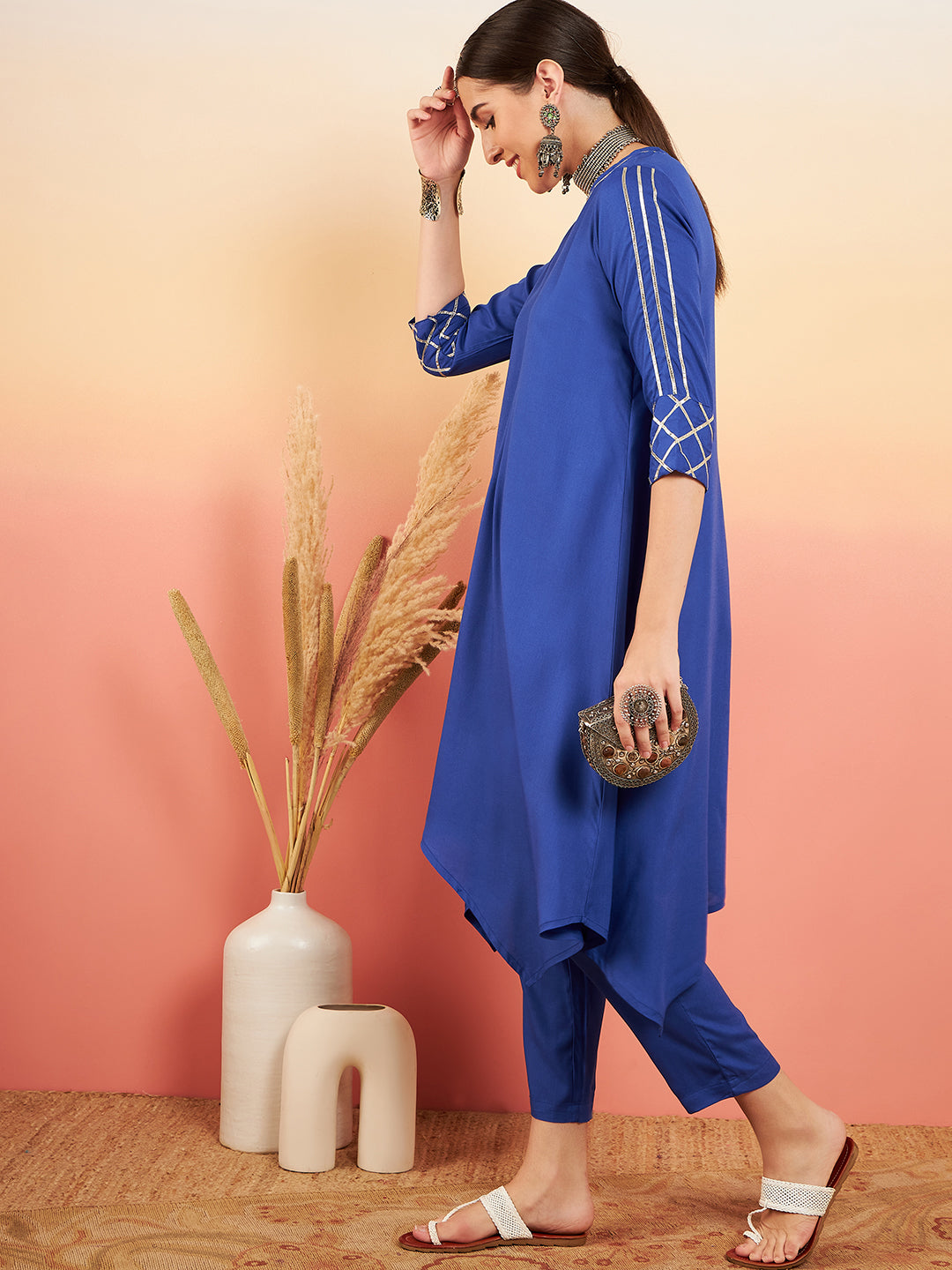 InWeave Women's Ink Blue V Neck Gota Sleeve A Line Kurta Set