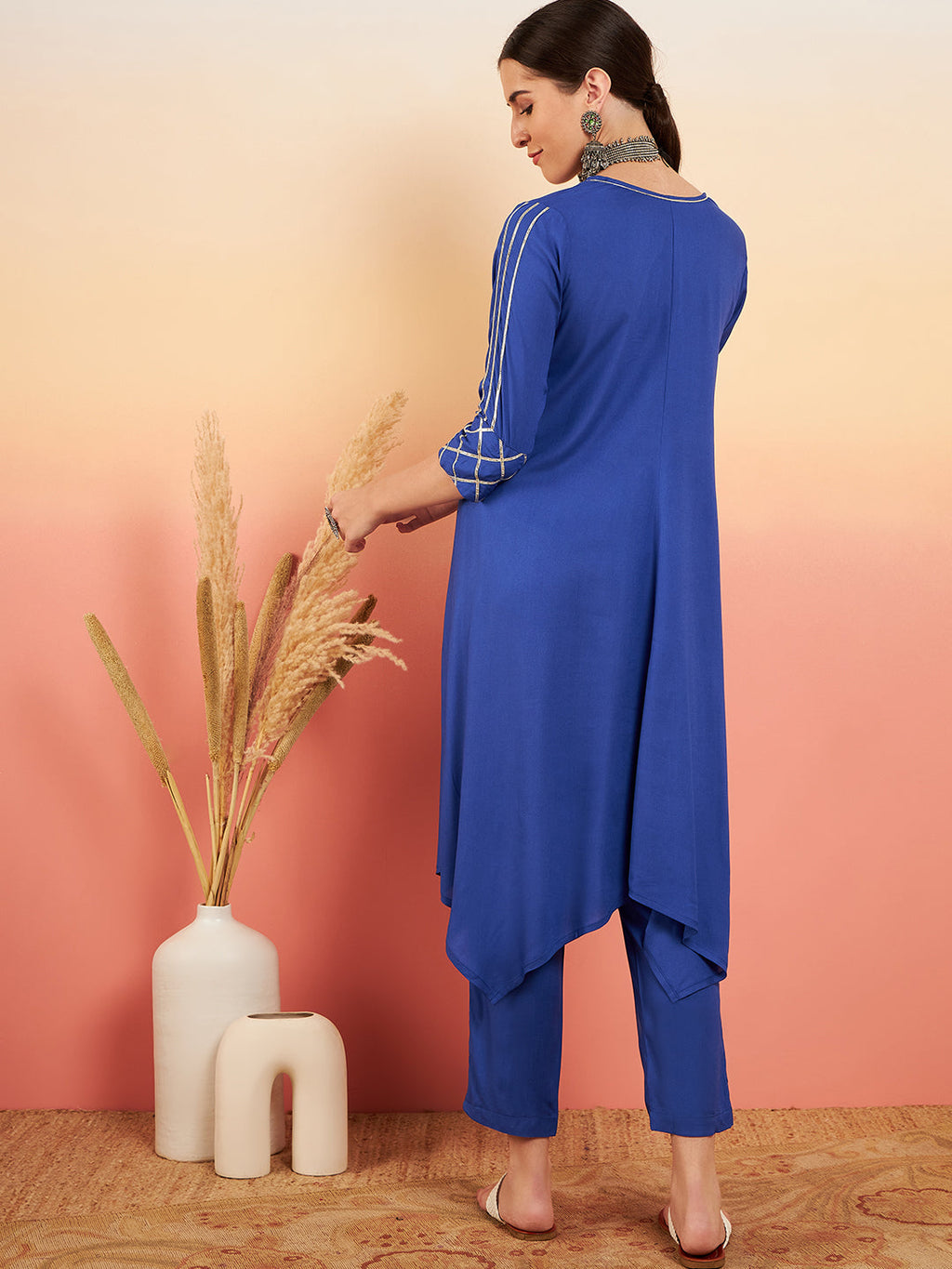 InWeave Women's Ink Blue V Neck Gota Sleeve A Line Kurta Set