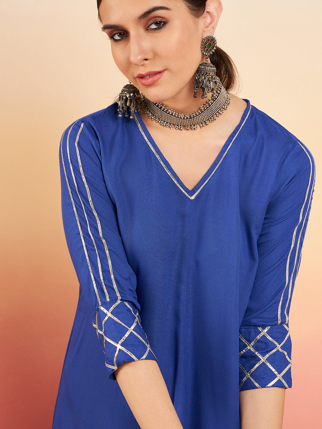 InWeave Women's Ink Blue V Neck Gota Sleeve A Line Kurta Set