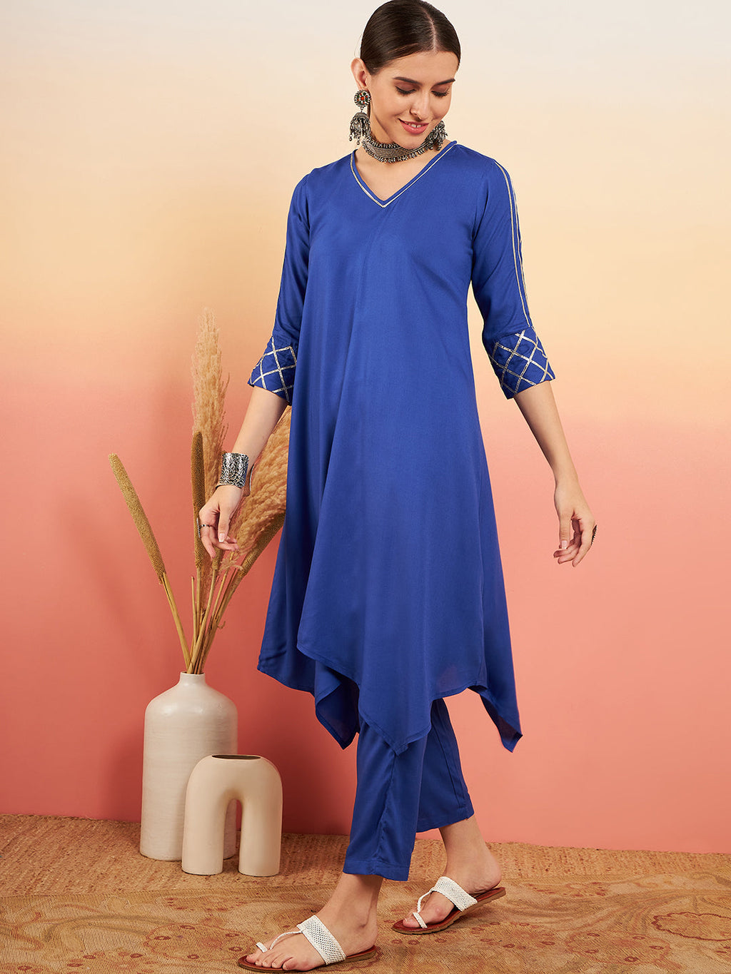 InWeave Women's Ink Blue V Neck Gota Sleeve A Line Kurta Set