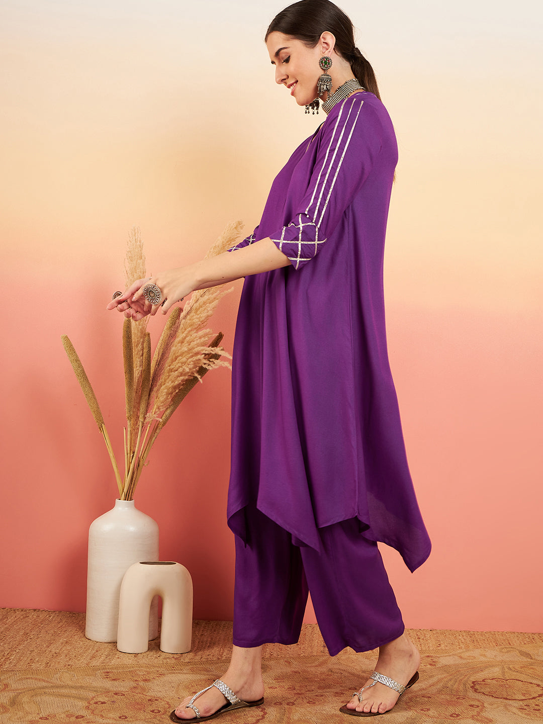 InWeave Women's Violet V Neck Gota Sleeve A Line Kurta Set