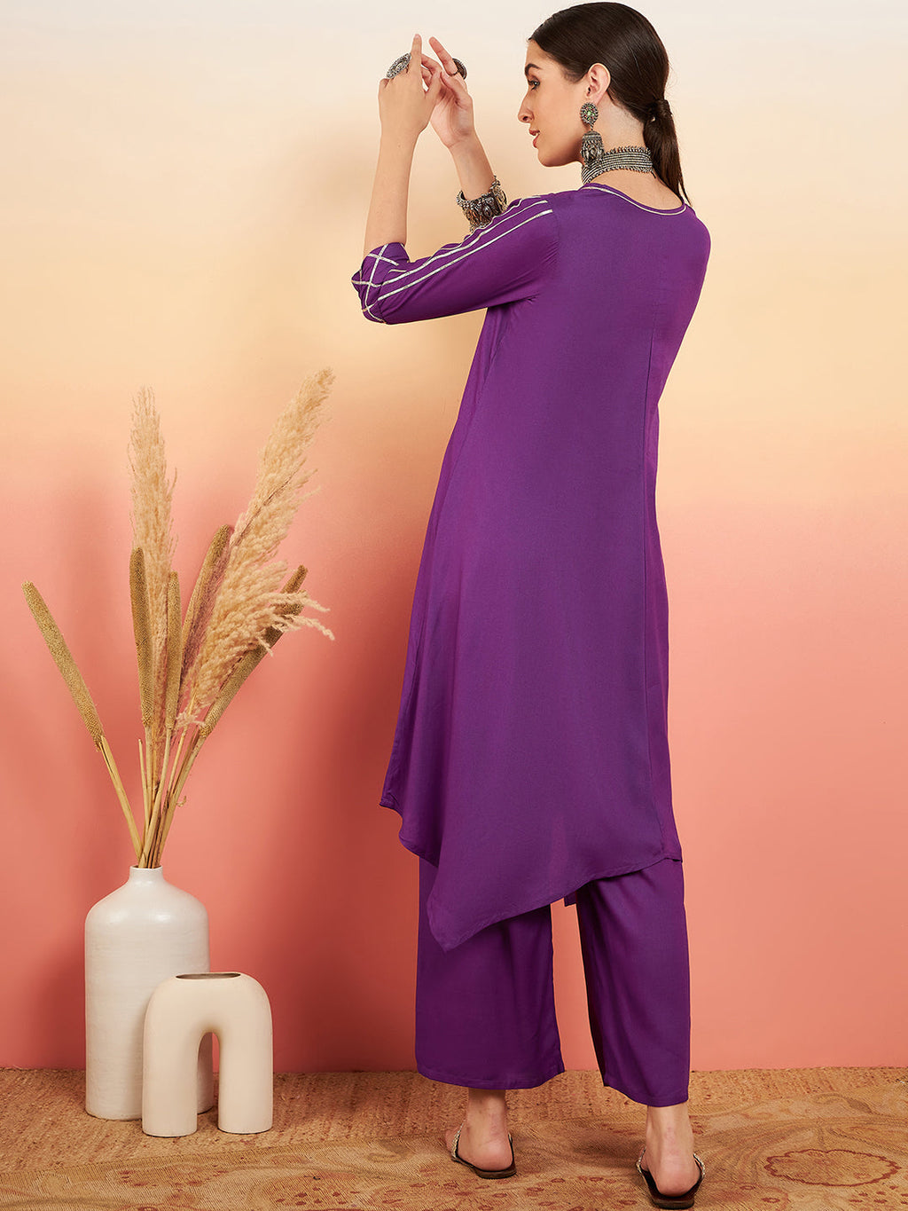 InWeave Women's Violet V Neck Gota Sleeve A Line Kurta Set