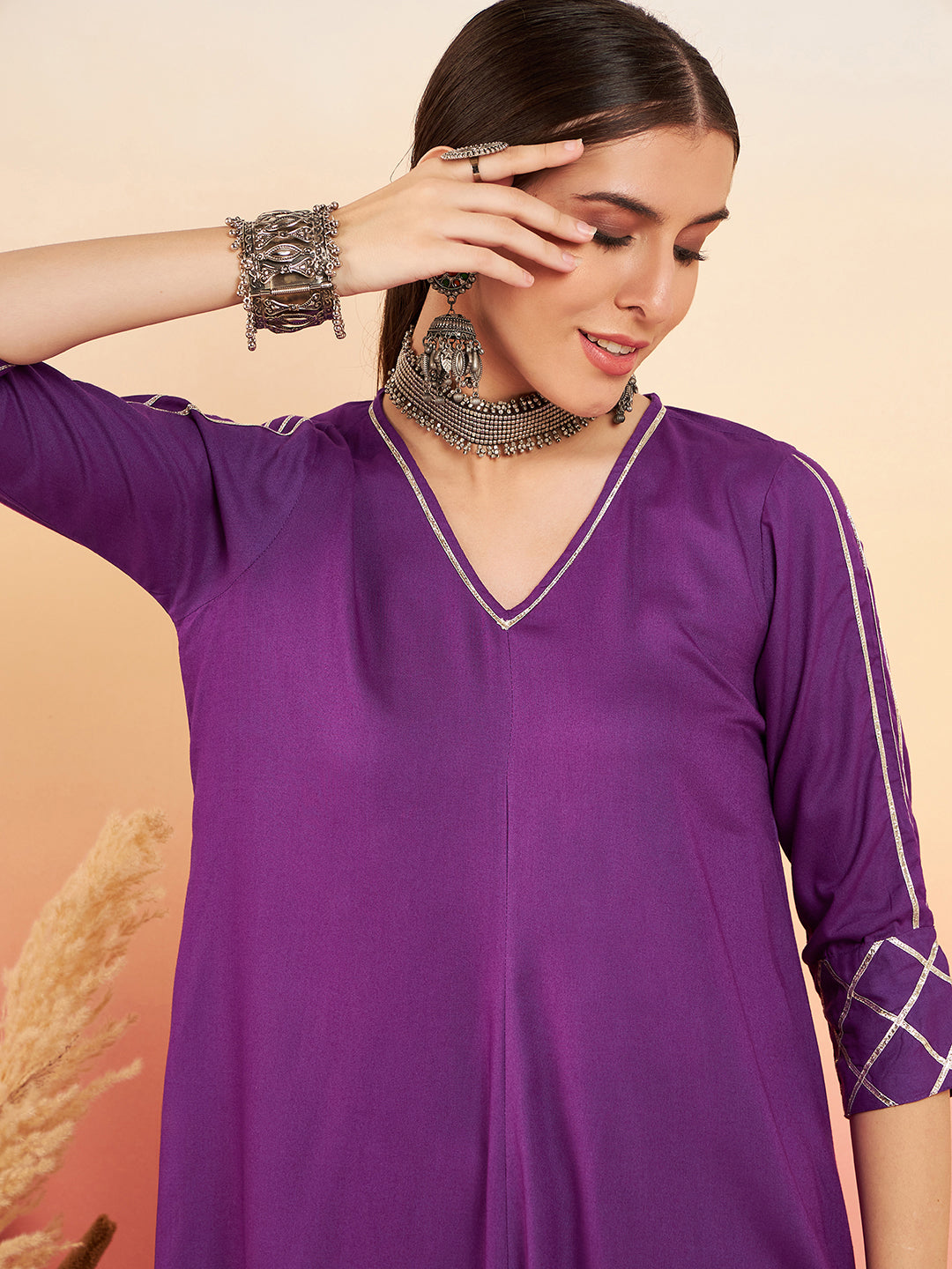 InWeave Women's Violet V Neck Gota Sleeve A Line Kurta Set