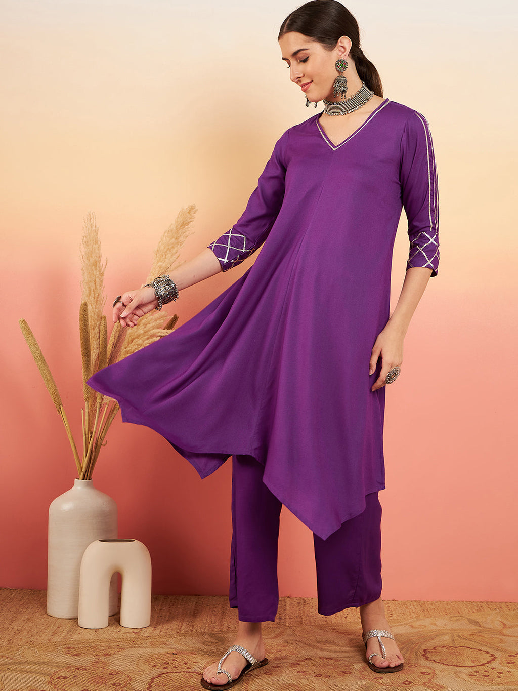 InWeave Women's Violet V Neck Gota Sleeve A Line Kurta Set