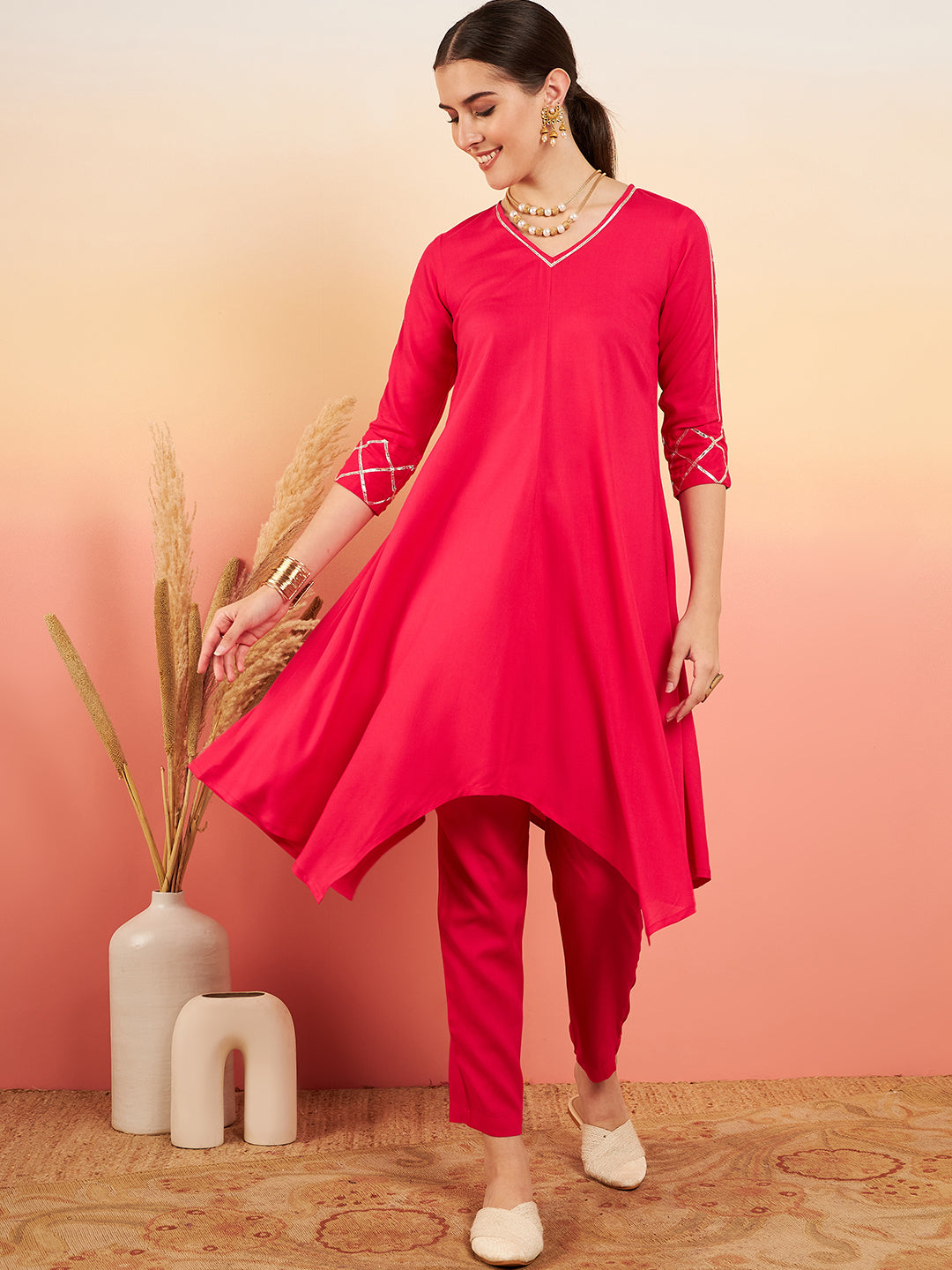 InWeave Women's Fuschia V Neck Gota Sleeve A Line Kurta Set
