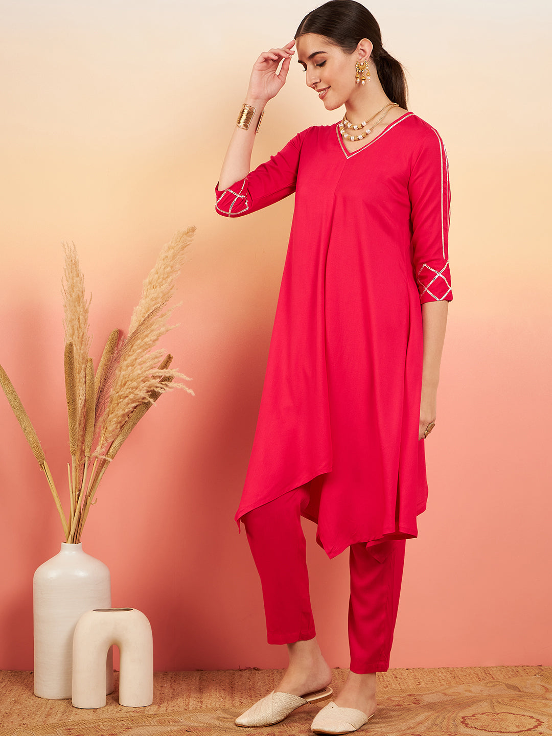 InWeave Women's Fuschia V Neck Gota Sleeve A Line Kurta Set