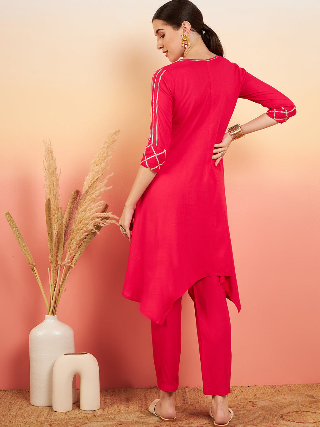 InWeave Women's Fuschia V Neck Gota Sleeve A Line Kurta Set