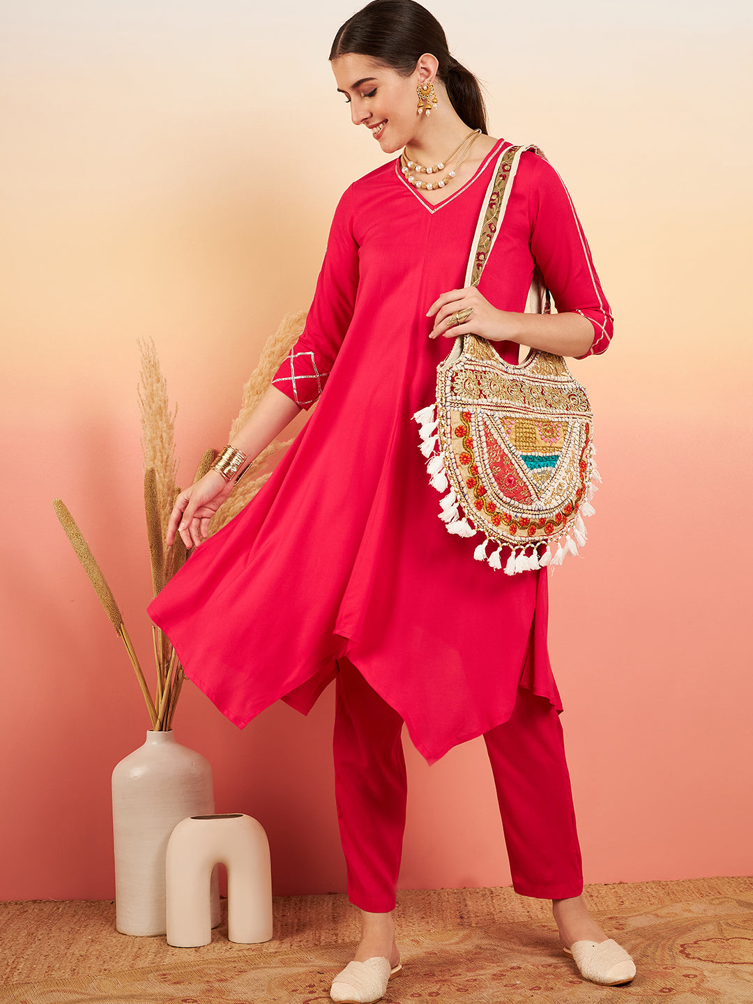InWeave Women's Fuschia V Neck Gota Sleeve A Line Kurta Set
