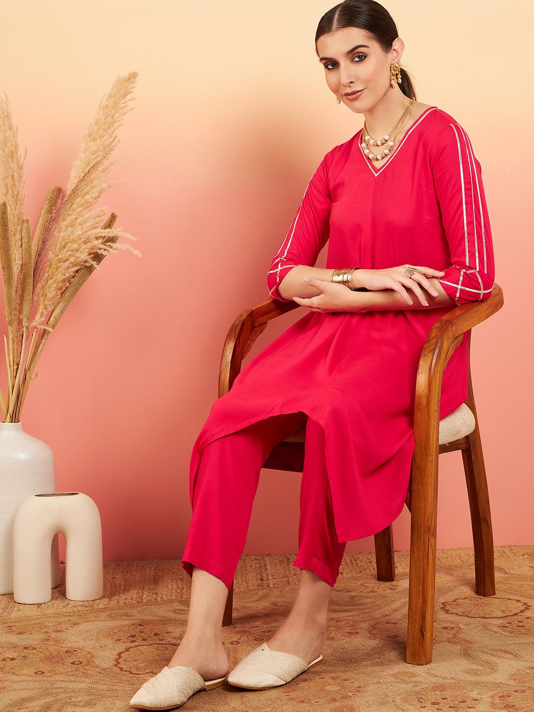 InWeave Women's Fuschia V Neck Gota Sleeve A Line Kurta Set