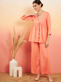 InWeave Women's Creamy Peach Lurex V Neck Front Tie Up Kurta Pant Set