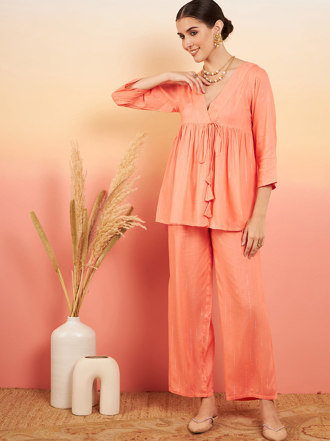 InWeave Women's Creamy Peach Lurex V Neck Front Tie Up Kurta Pant Set