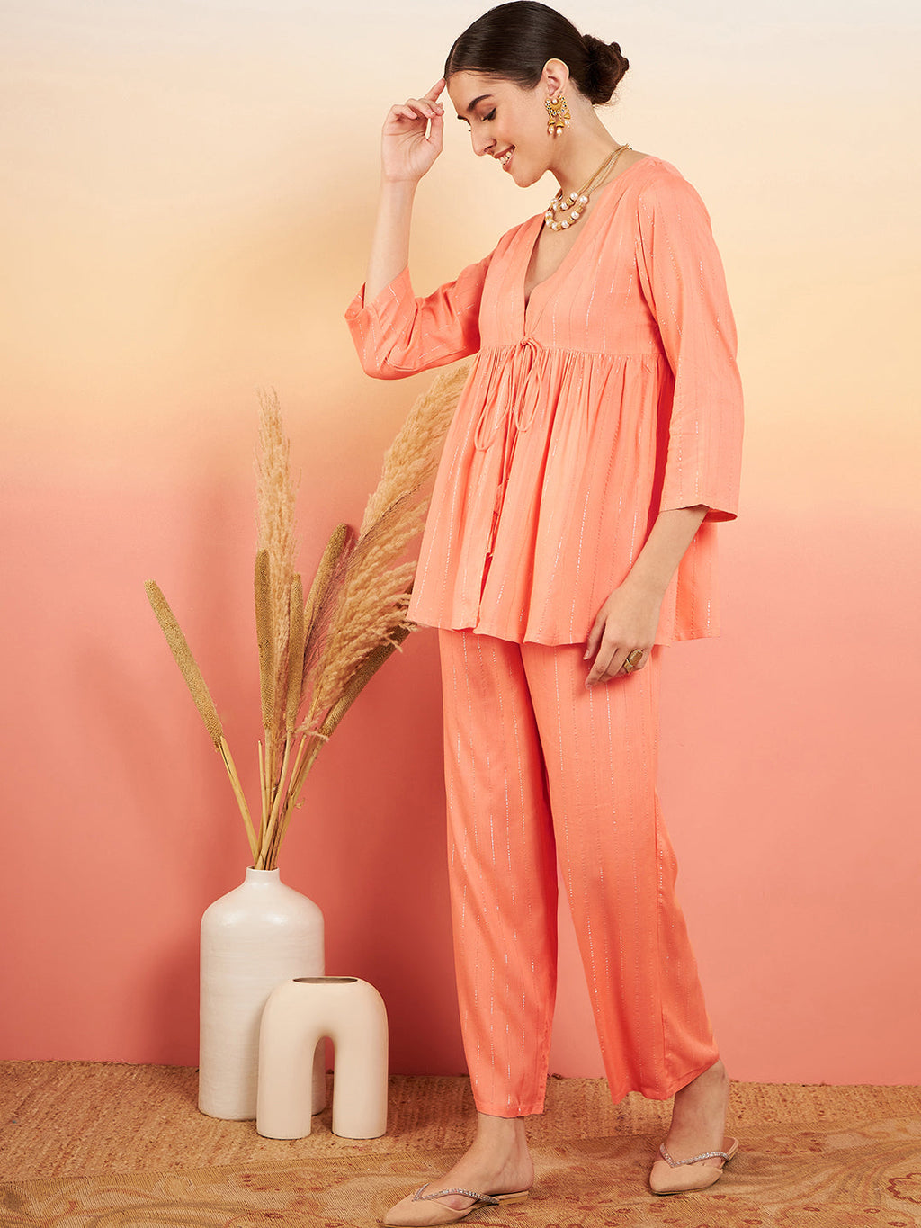 InWeave Women's Creamy Peach Lurex V Neck Front Tie Up Kurta Pant Set
