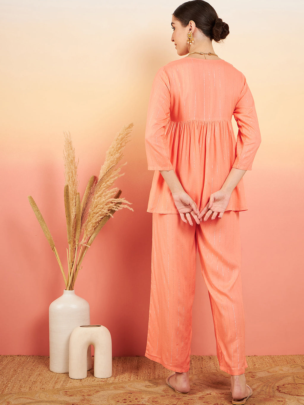 InWeave Women's Creamy Peach Lurex V Neck Front Tie Up Kurta Pant Set