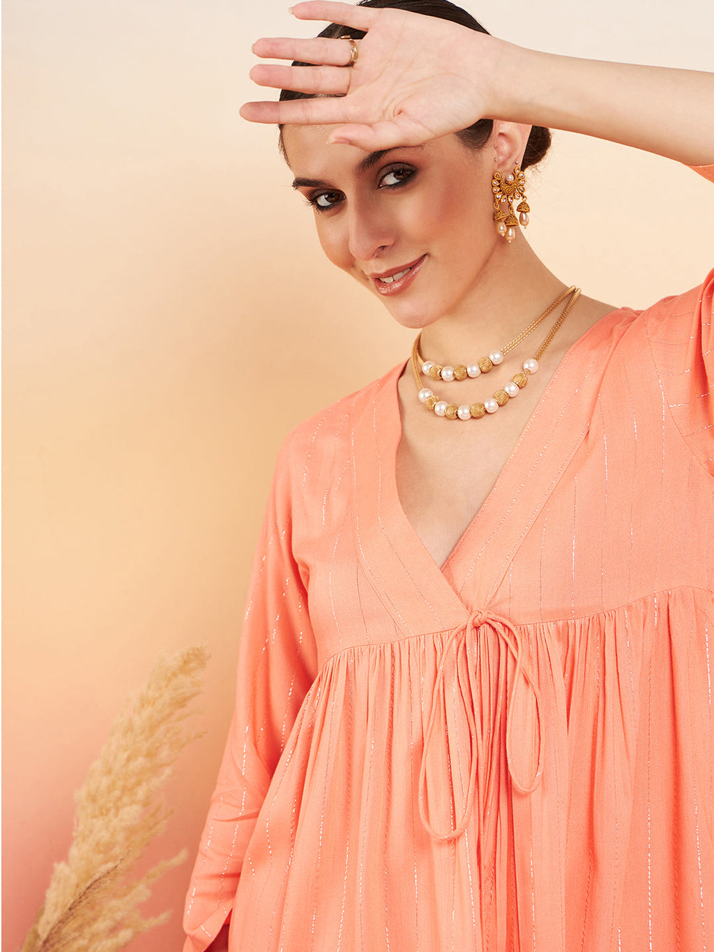 InWeave Women's Creamy Peach Lurex V Neck Front Tie Up Kurta Pant Set