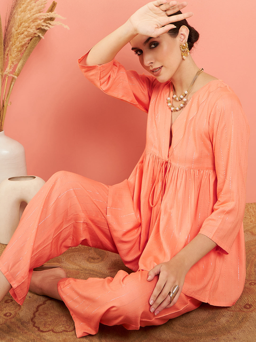 InWeave Women's Creamy Peach Lurex V Neck Front Tie Up Kurta Pant Set