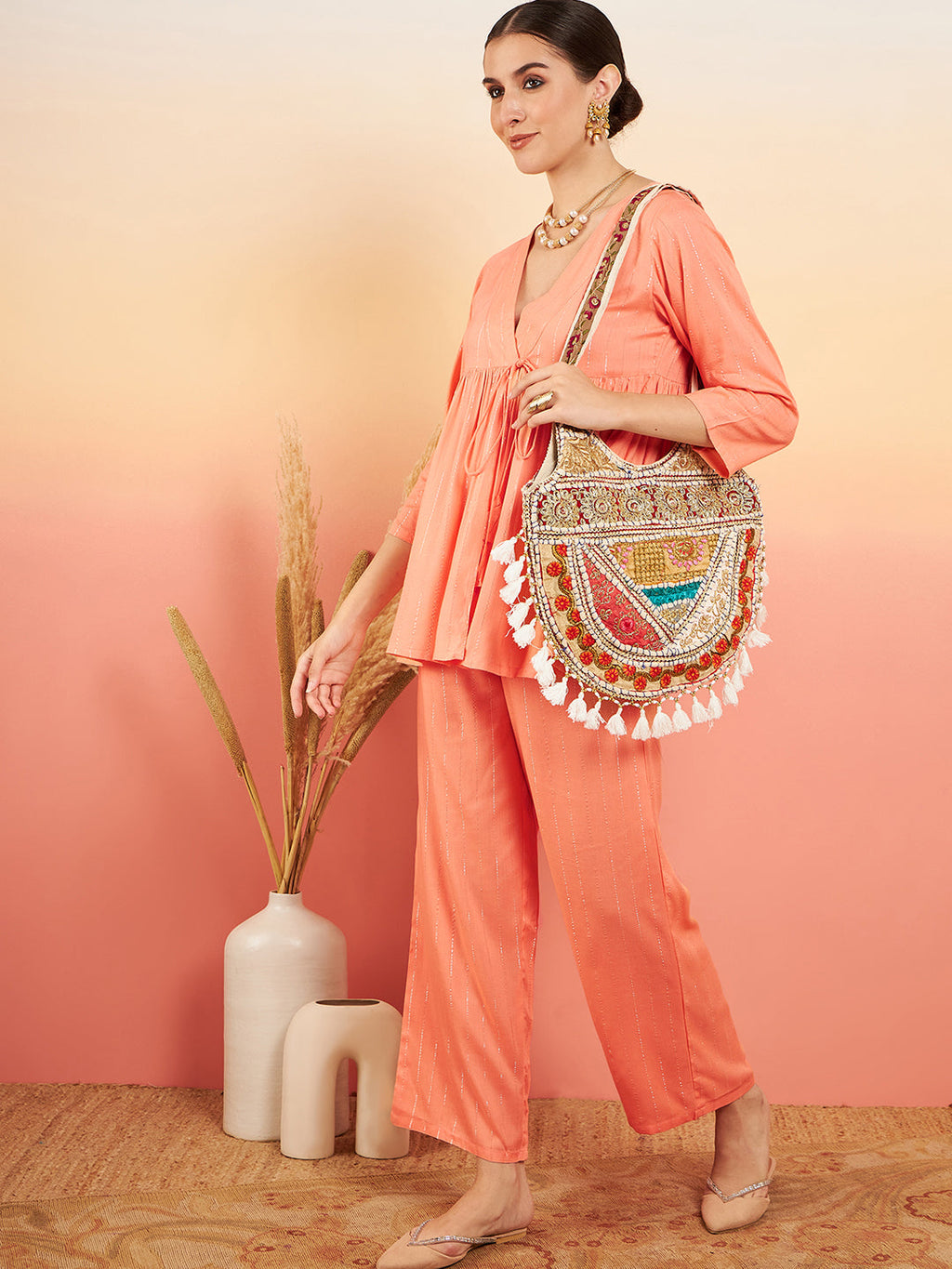 InWeave Women's Creamy Peach Lurex V Neck Front Tie Up Kurta Pant Set
