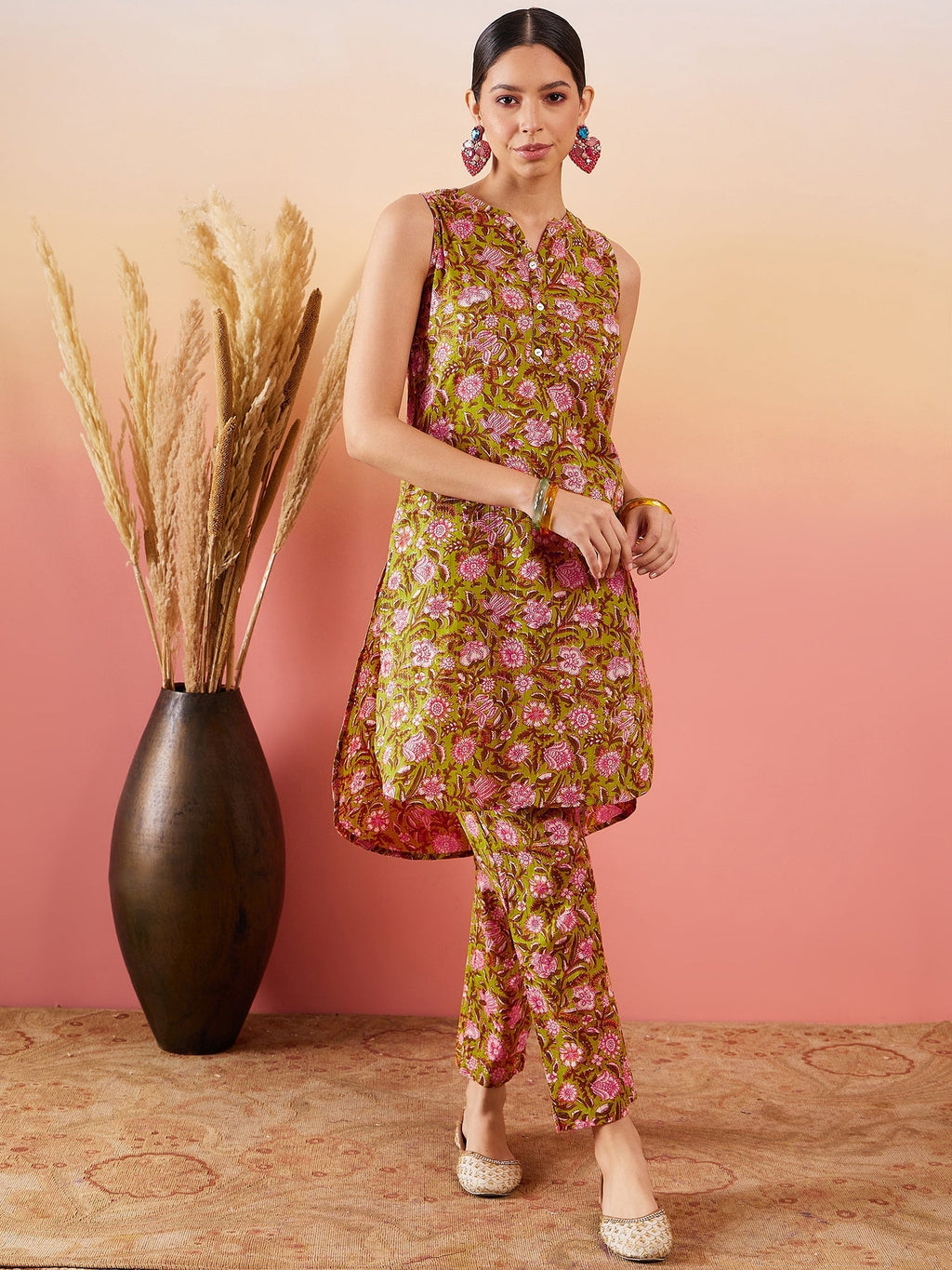 InWeave Lime Green Lurex Print Mandarin V Neck Button Kurta Pant Set