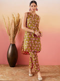 InWeave Lime Green Lurex Print Mandarin V Neck Button Kurta Pant Set
