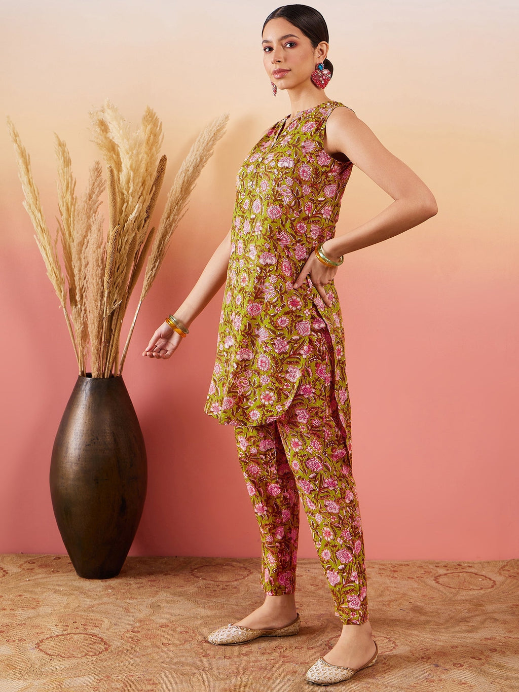 InWeave Lime Green Lurex Print Mandarin V Neck Button Kurta Pant Set