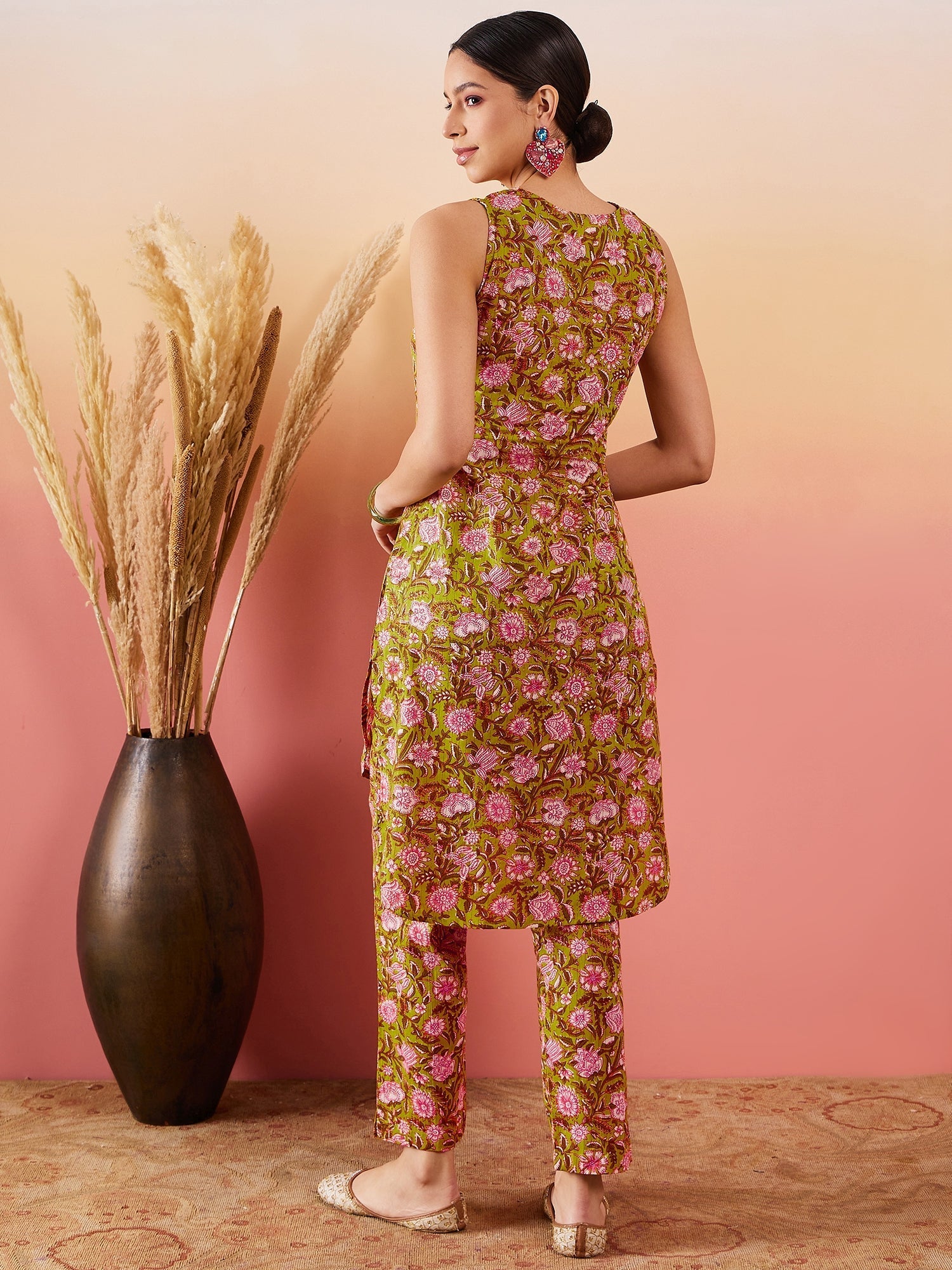 InWeave Lime Green Lurex Print Mandarin V Neck Button Kurta Pant Set