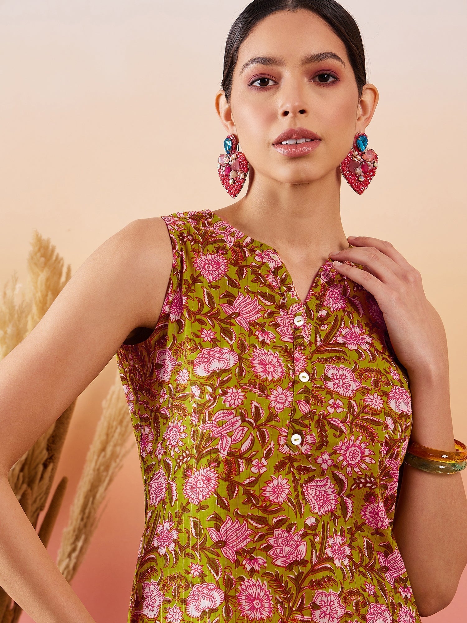 InWeave Lime Green Lurex Print Mandarin V Neck Button Kurta Pant Set