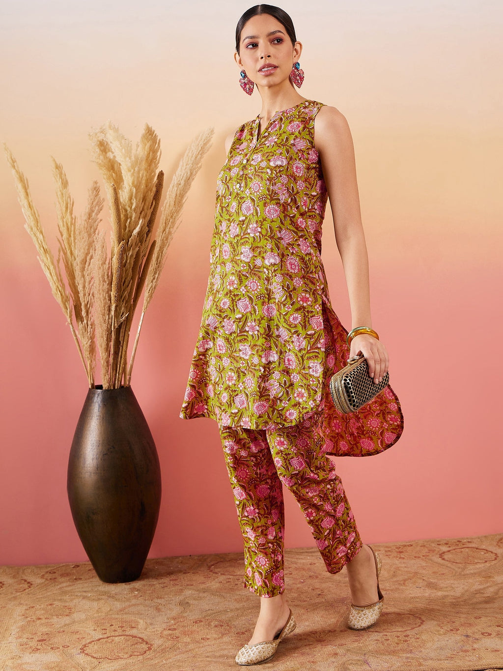 InWeave Lime Green Lurex Print Mandarin V Neck Button Kurta Pant Set