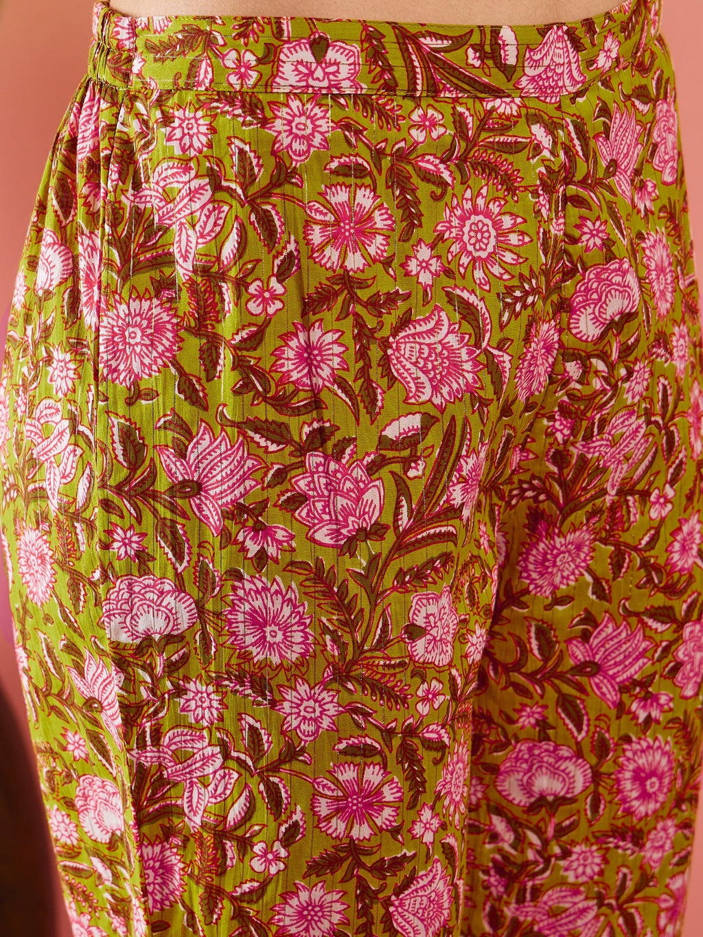 InWeave Lime Green Lurex Print Mandarin V Neck Button Kurta Pant Set