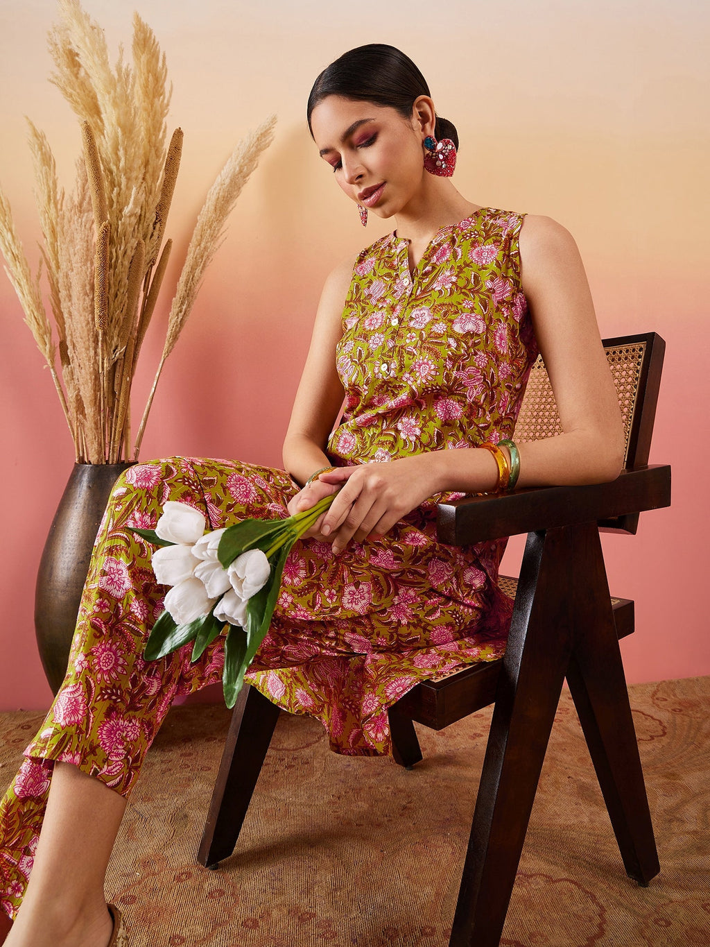 InWeave Lime Green Lurex Print Mandarin V Neck Button Kurta Pant Set