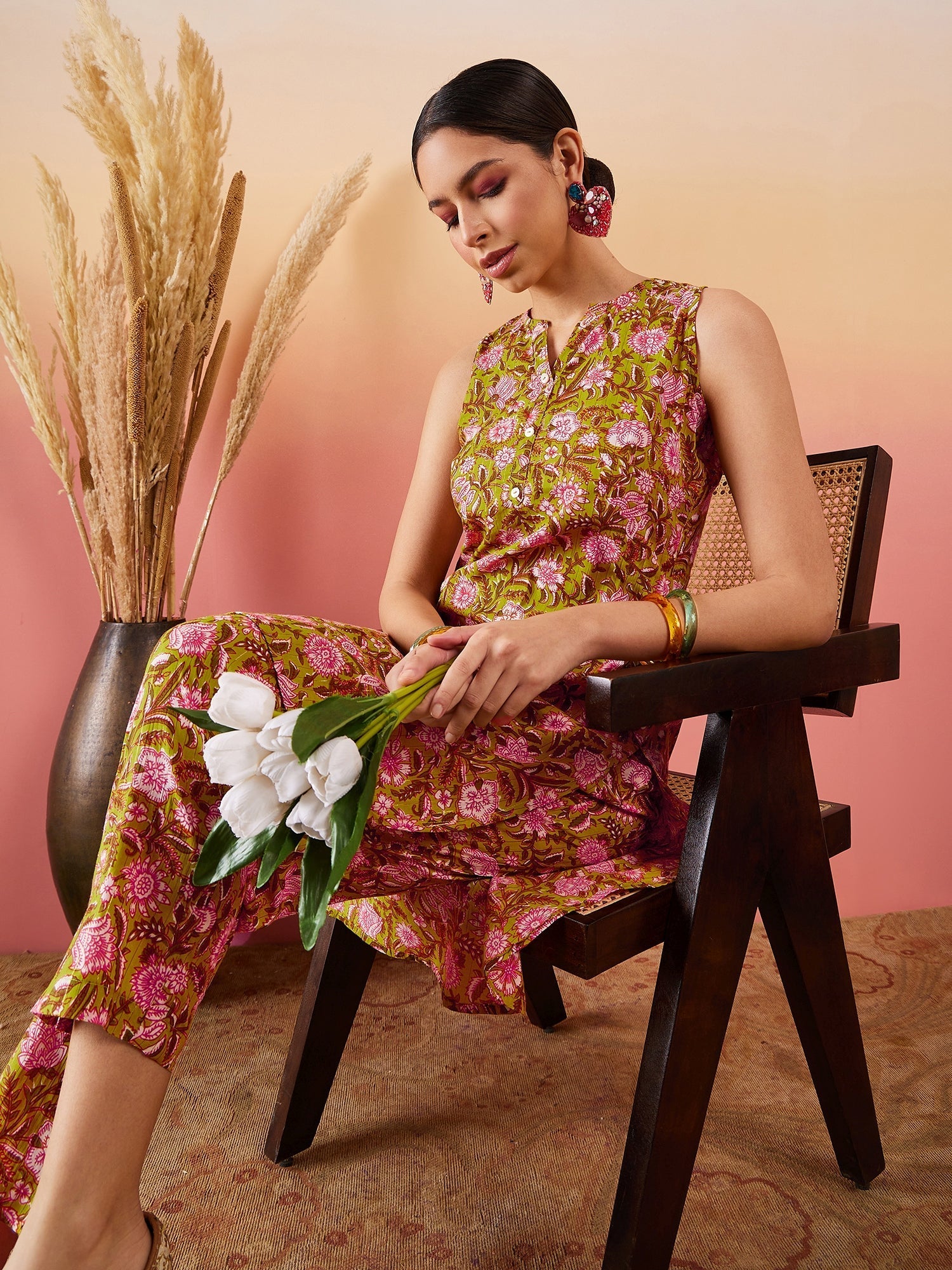 InWeave Lime Green Lurex Print Mandarin V Neck Button Kurta Pant Set