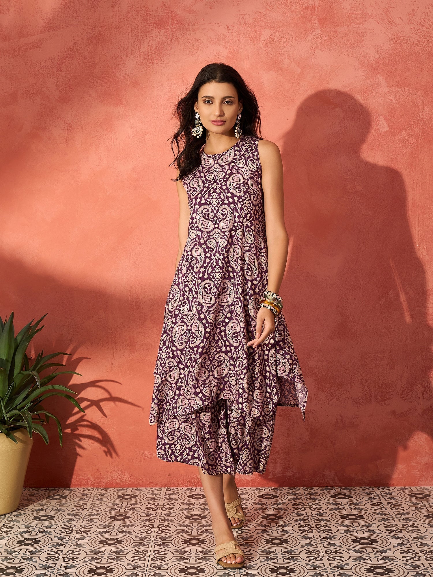 InWeave Dusty Mauve Paisley Round Neck Kurta Short Palazzo Set