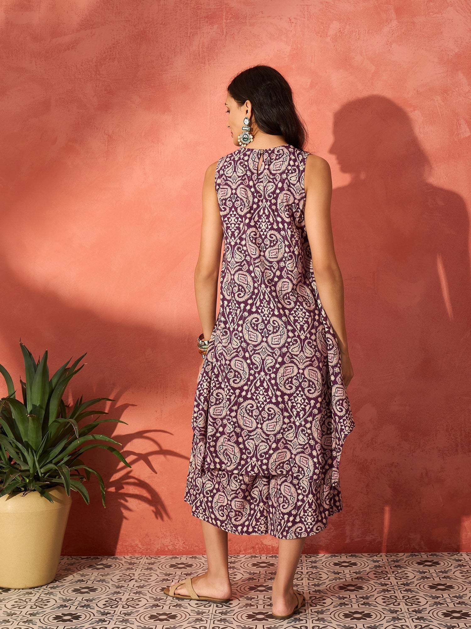InWeave Dusty Mauve Paisley Round Neck Kurta Short Palazzo Set
