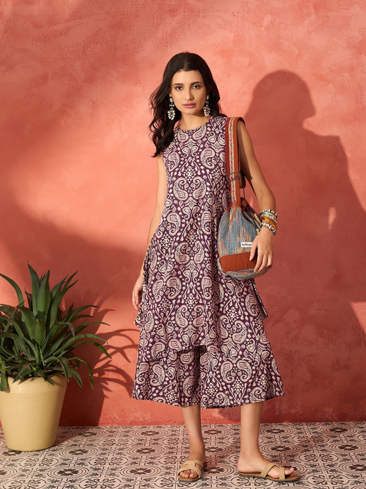 InWeave Dusty Mauve Paisley Round Neck Kurta Short Palazzo Set