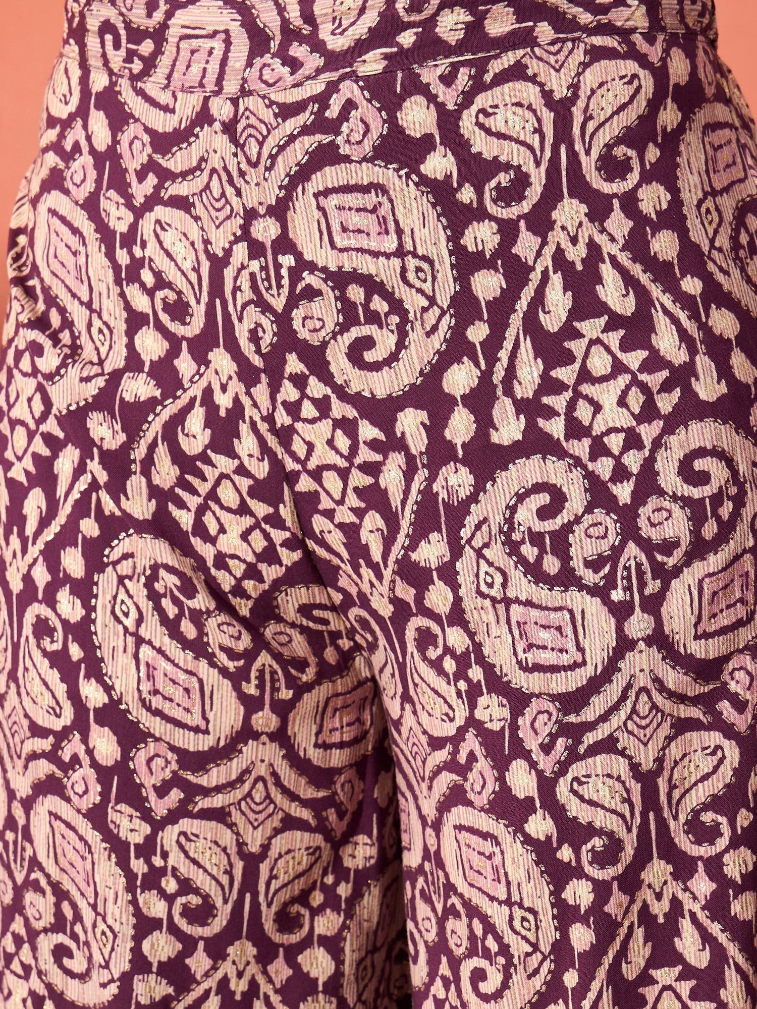 InWeave Dusty Mauve Paisley Round Neck Kurta Short Palazzo Set