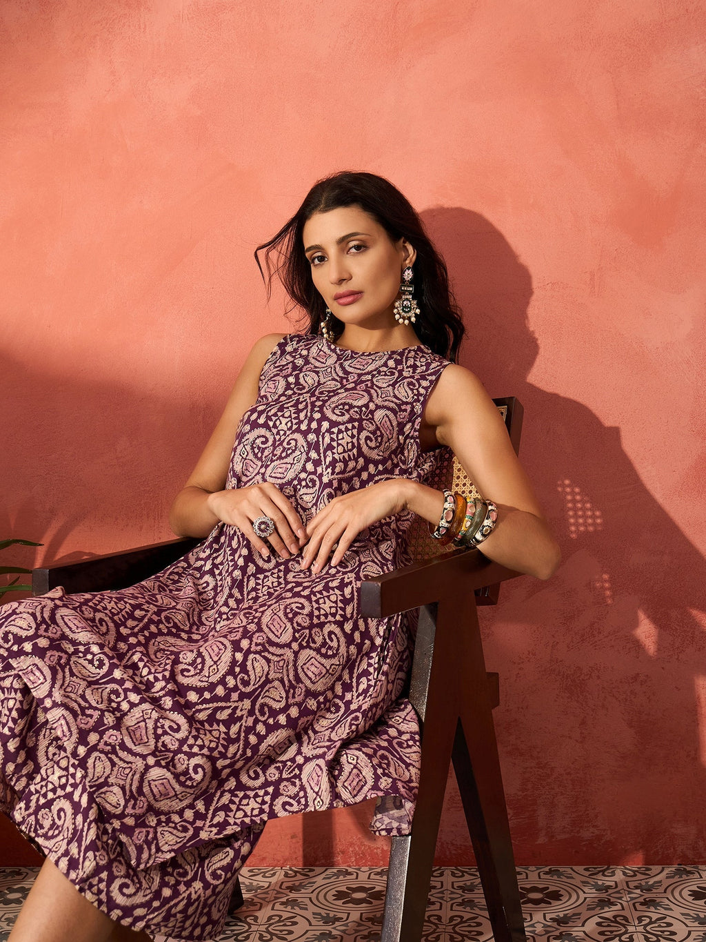 InWeave Dusty Mauve Paisley Round Neck Kurta Short Palazzo Set