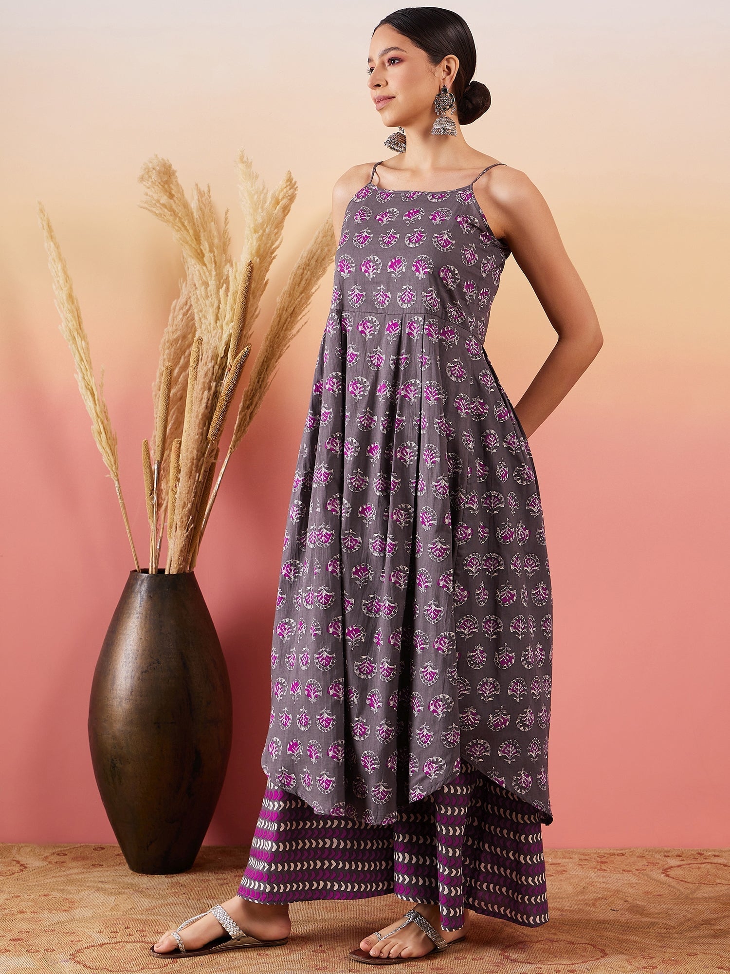 InWeave Iron Grey Floral Boota Print Strappy Printed Palazzo Set
