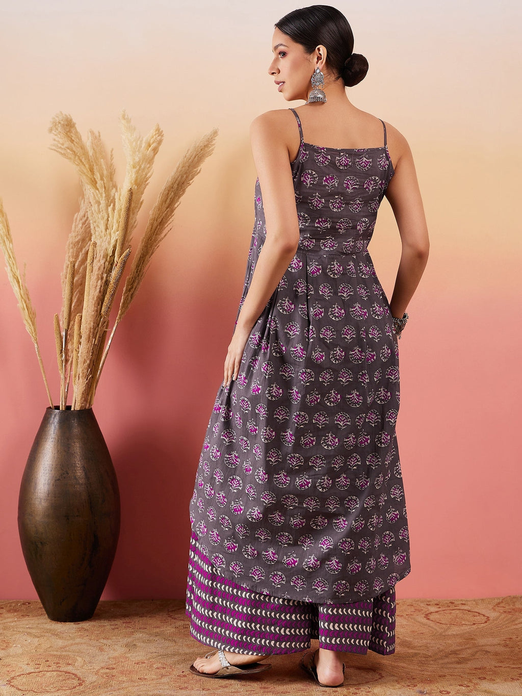 InWeave Iron Grey Floral Boota Print Strappy Printed Palazzo Set