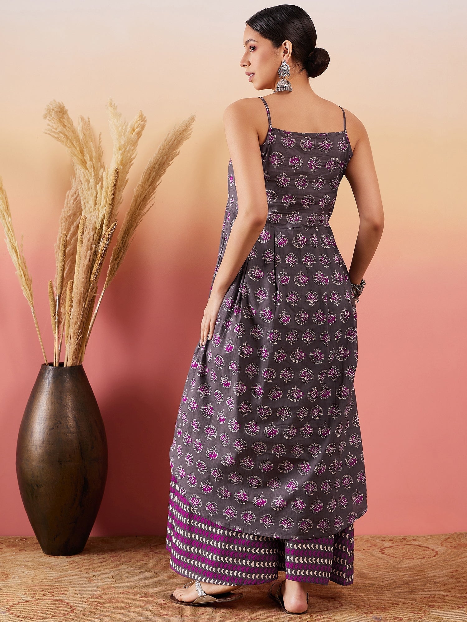 InWeave Iron Grey Floral Boota Print Strappy Printed Palazzo Set