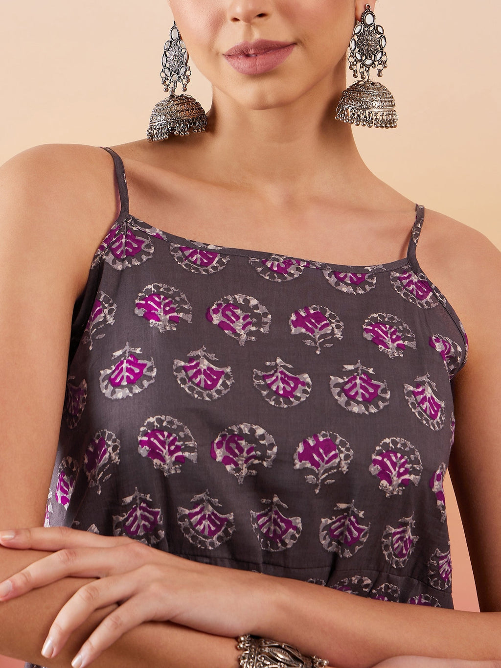 InWeave Iron Grey Floral Boota Print Strappy Printed Palazzo Set