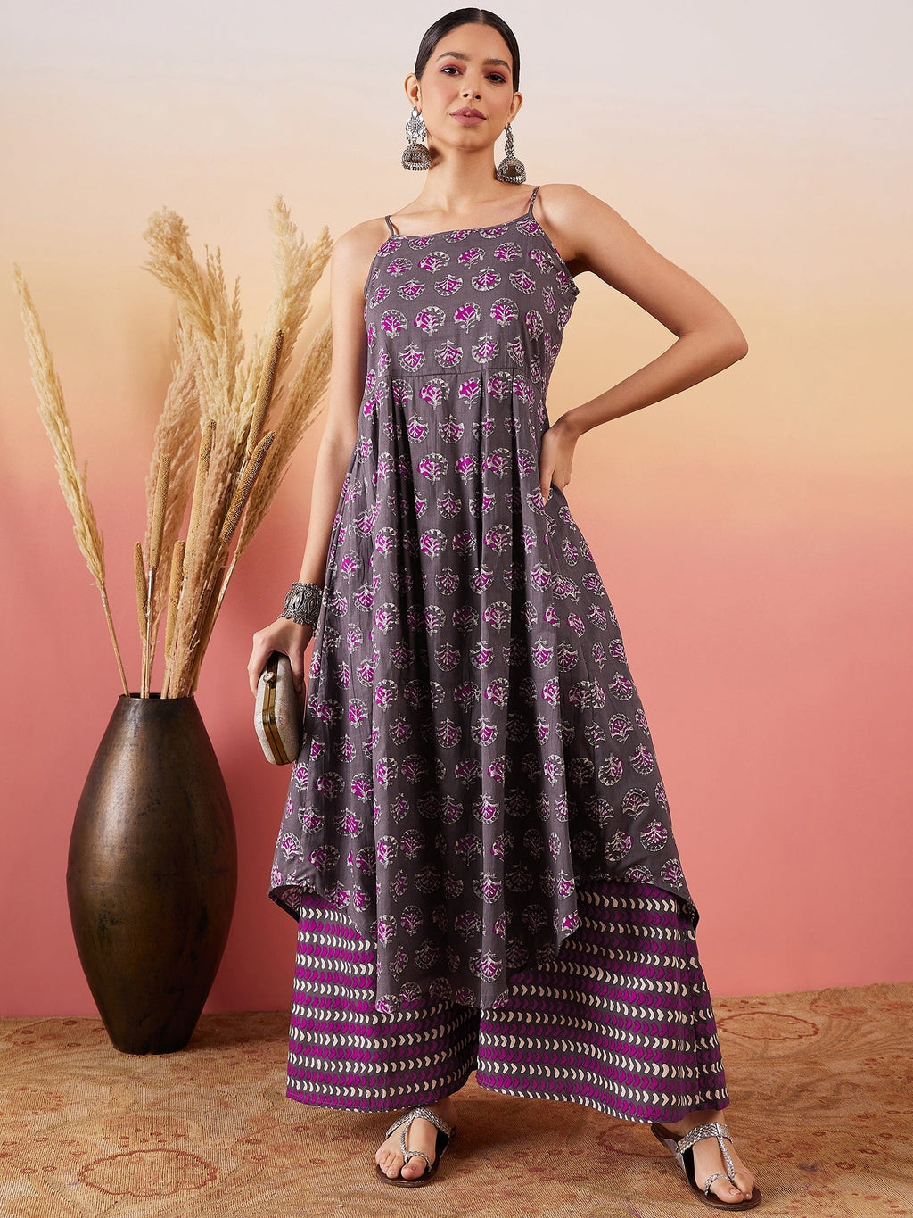 InWeave Iron Grey Floral Boota Print Strappy Printed Palazzo Set