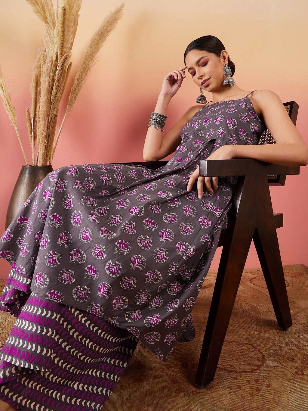 InWeave Iron Grey Floral Boota Print Strappy Printed Palazzo Set