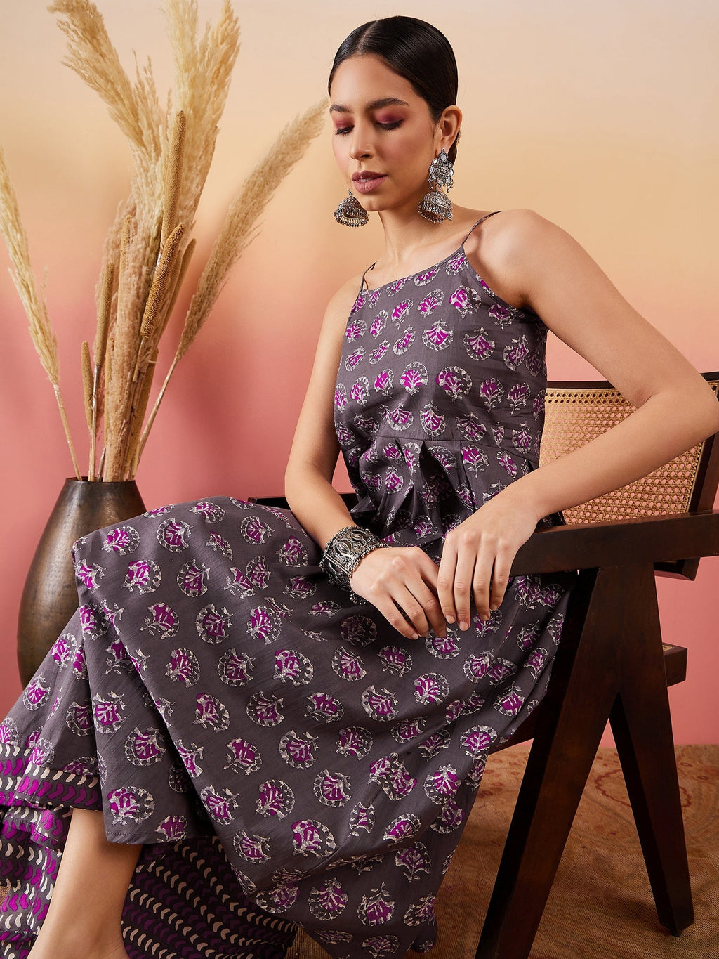 InWeave Iron Grey Floral Boota Print Strappy Printed Palazzo Set