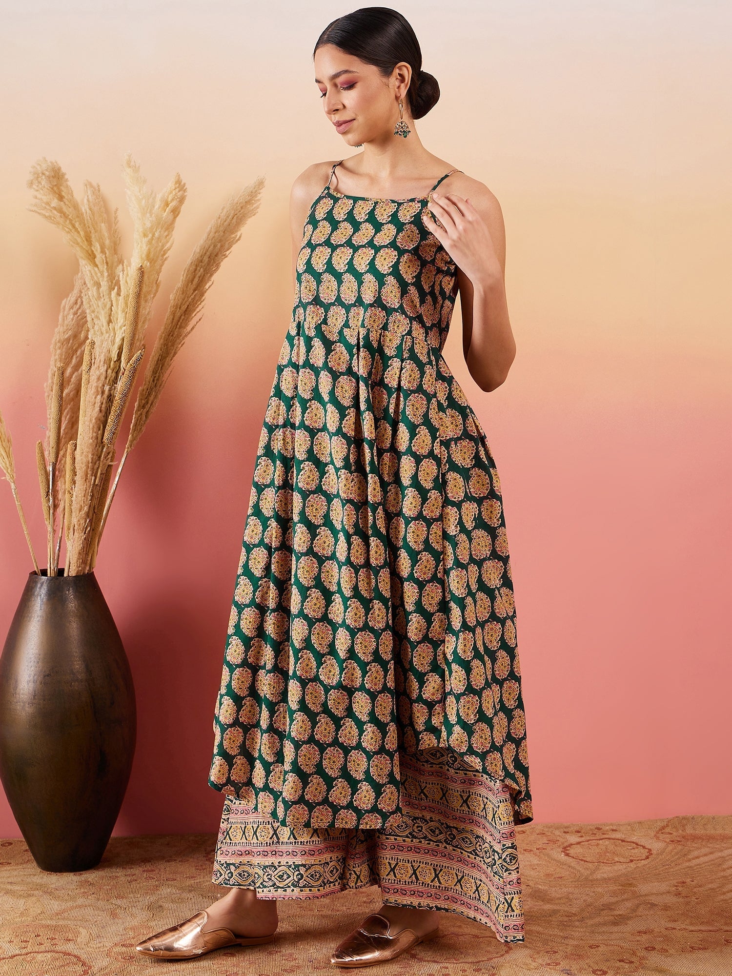 InWeave Dark Green Paisley Print Strappy Printed Palazzo Set