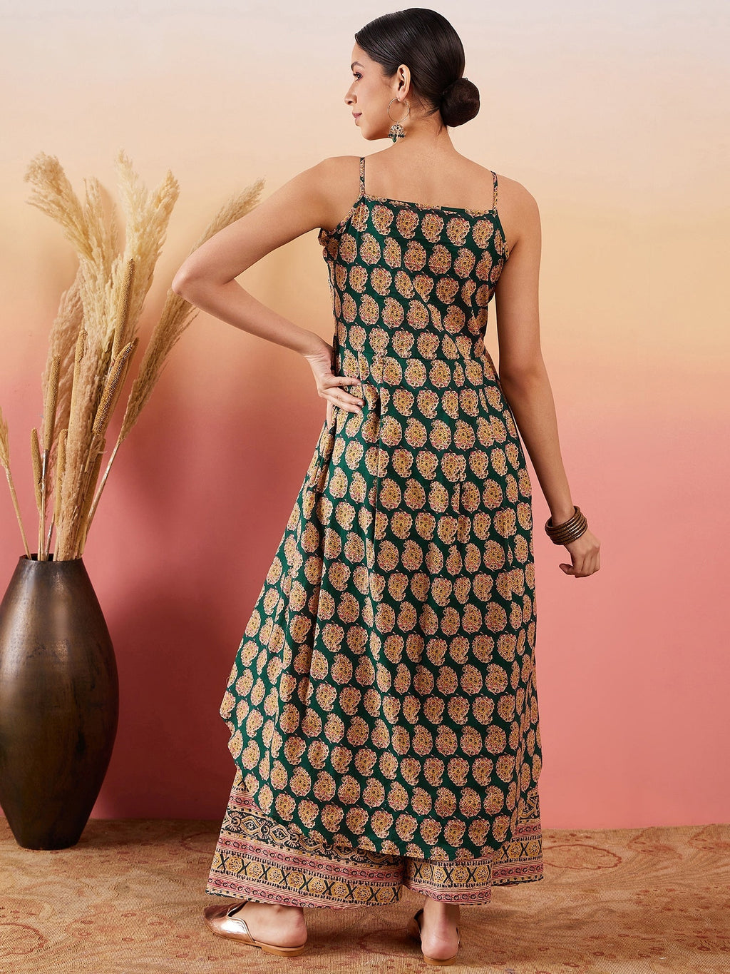 InWeave Dark Green Paisley Print Strappy Printed Palazzo Set