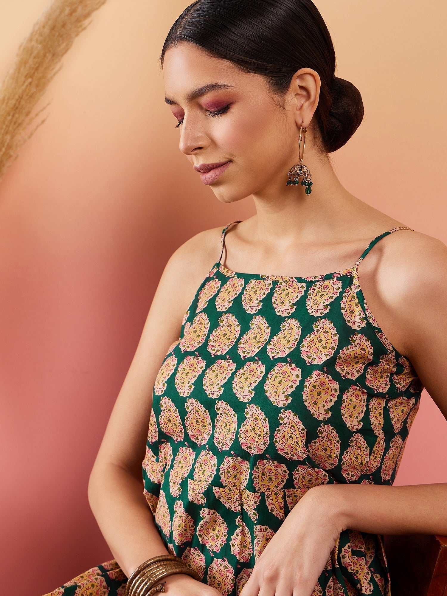 InWeave Dark Green Paisley Print Strappy Printed Palazzo Set