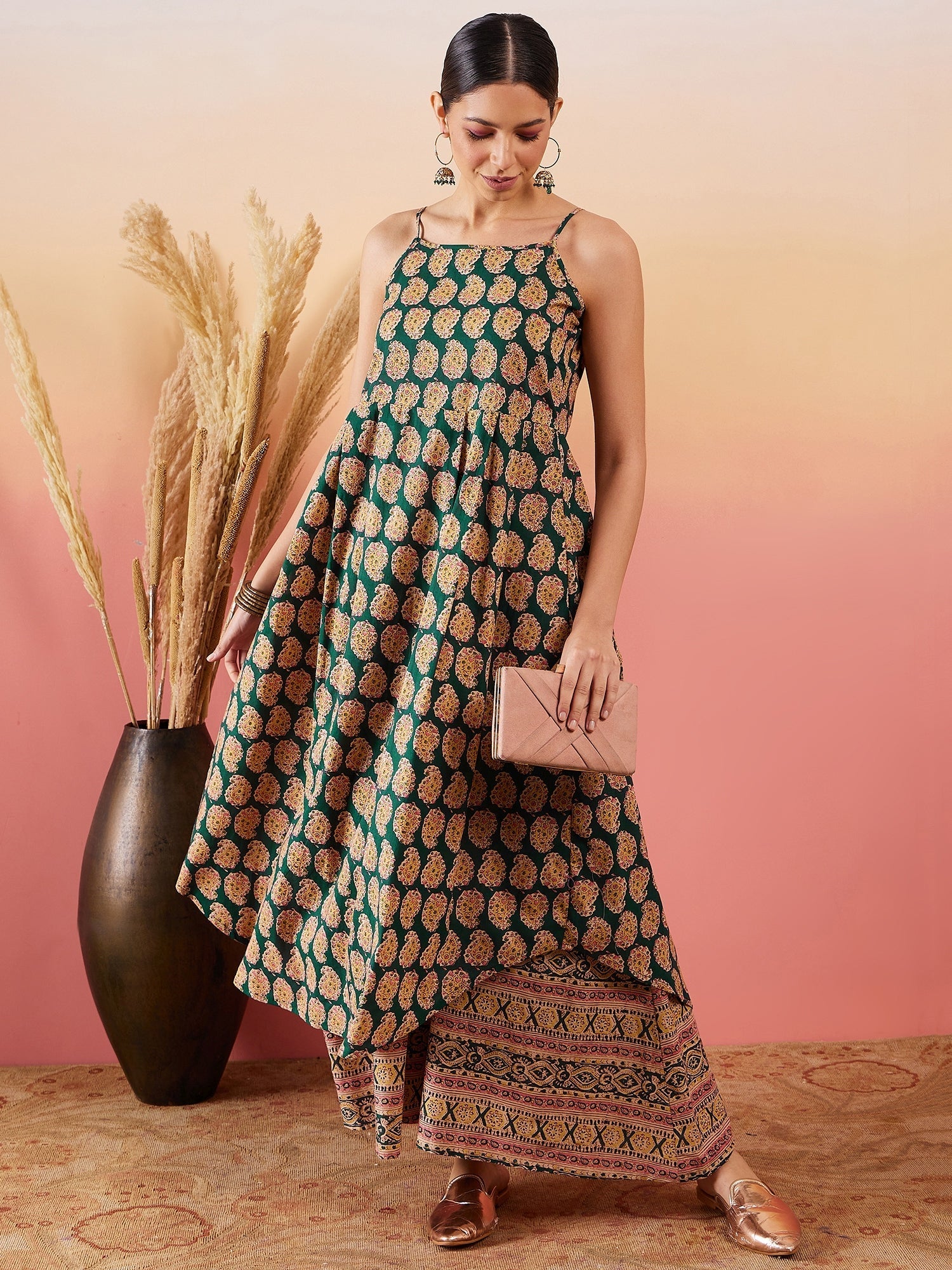 InWeave Dark Green Paisley Print Strappy Printed Palazzo Set