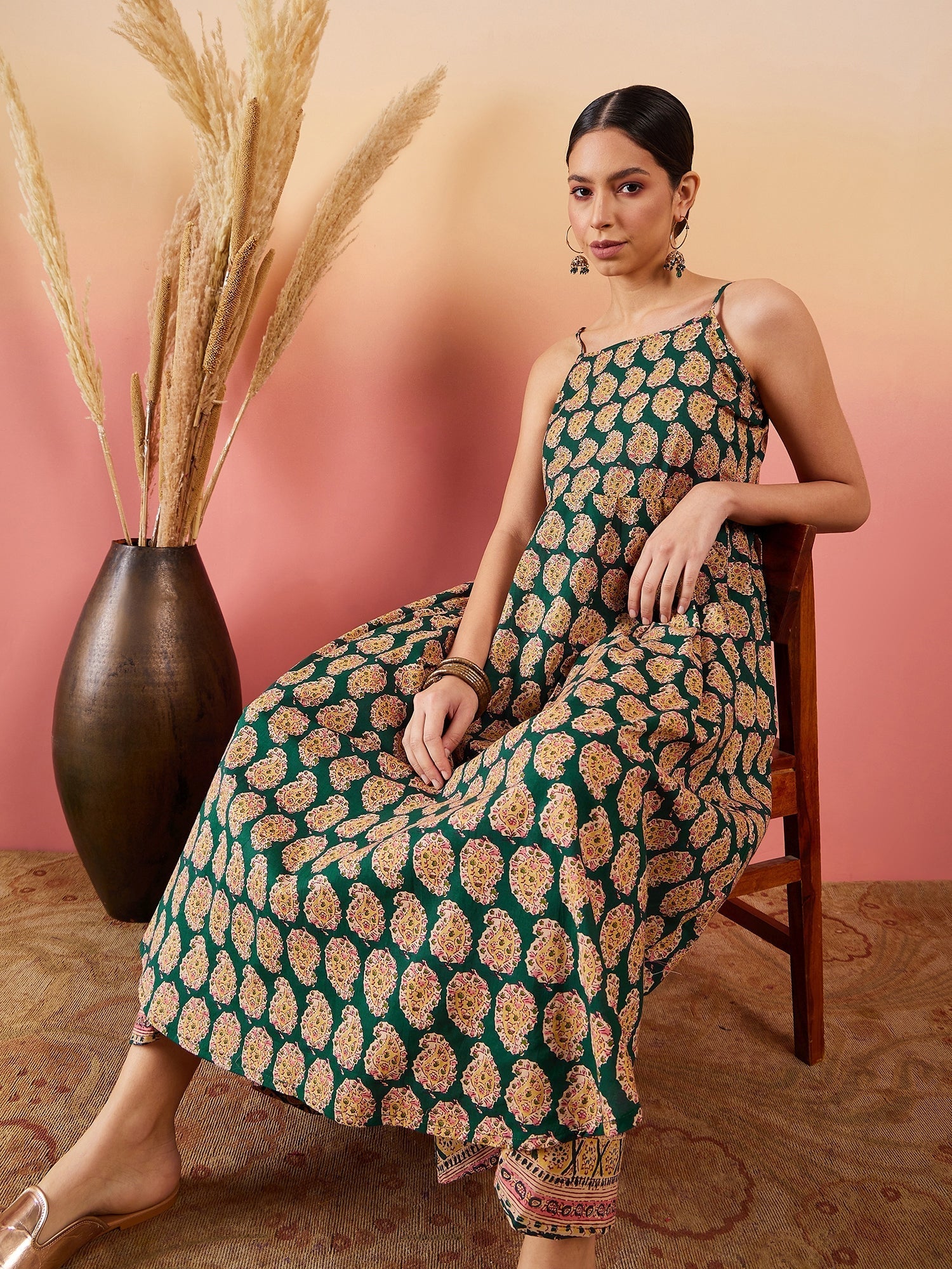 InWeave Dark Green Paisley Print Strappy Printed Palazzo Set