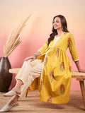 InWeave Yellow Striped V Neck Lace Front Slit Kurta Pant Set