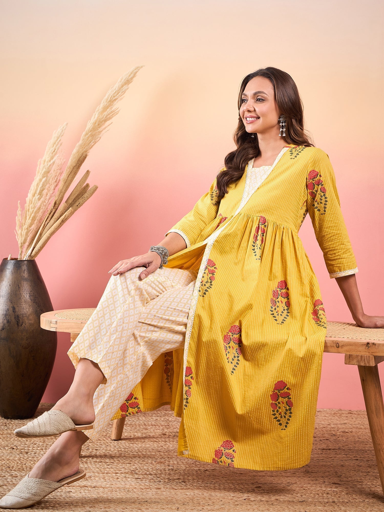 InWeave Yellow Striped V Neck Lace Front Slit Kurta Pant Set