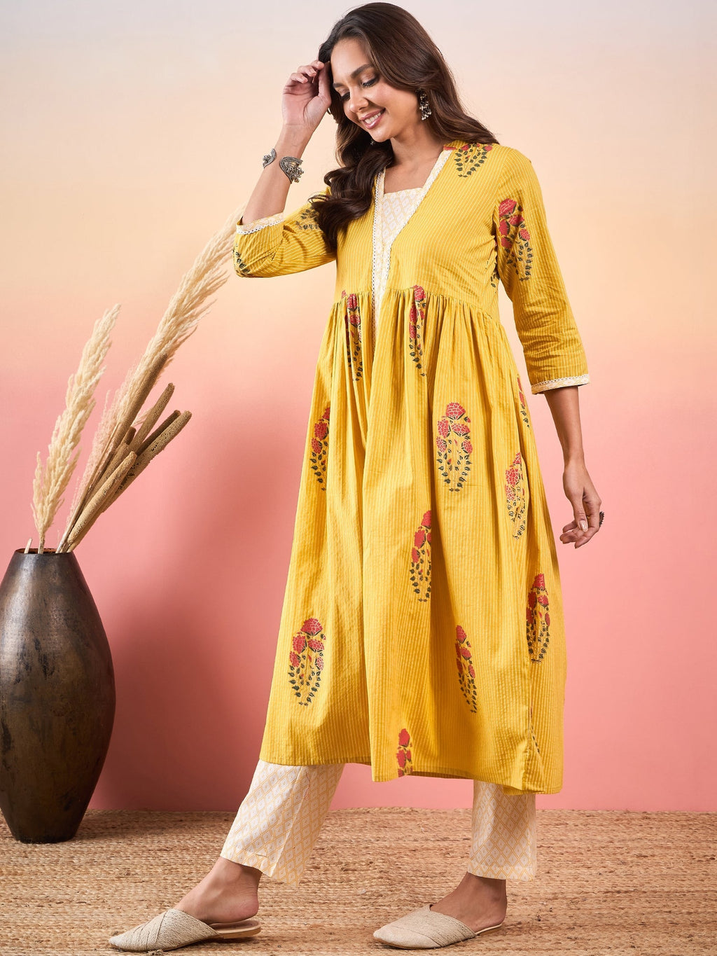 InWeave Yellow Striped V Neck Lace Front Slit Kurta Pant Set